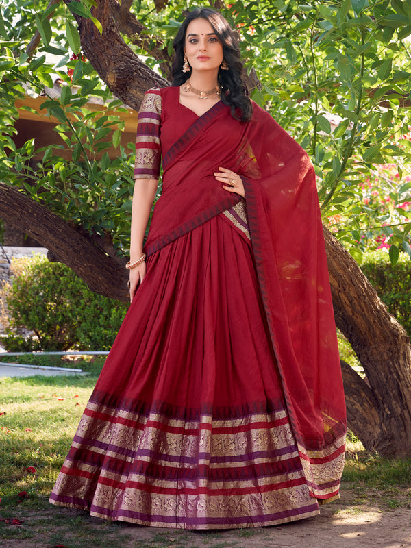 Spectacular Red Zari Weaving Chanderi Lehenga Choli With Dupatta - Zeel Clothing