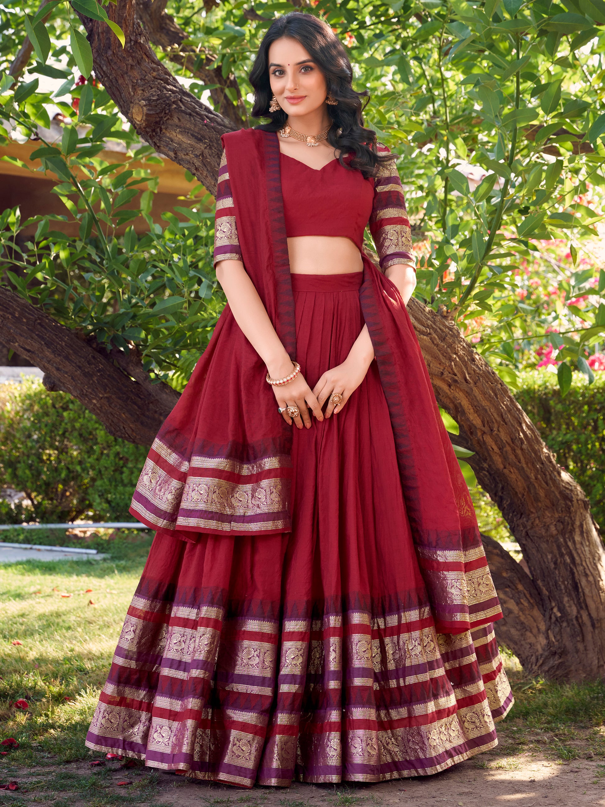 Spectacular Red Zari Weaving Chanderi Lehenga Choli With Dupatta - Zeel Clothing