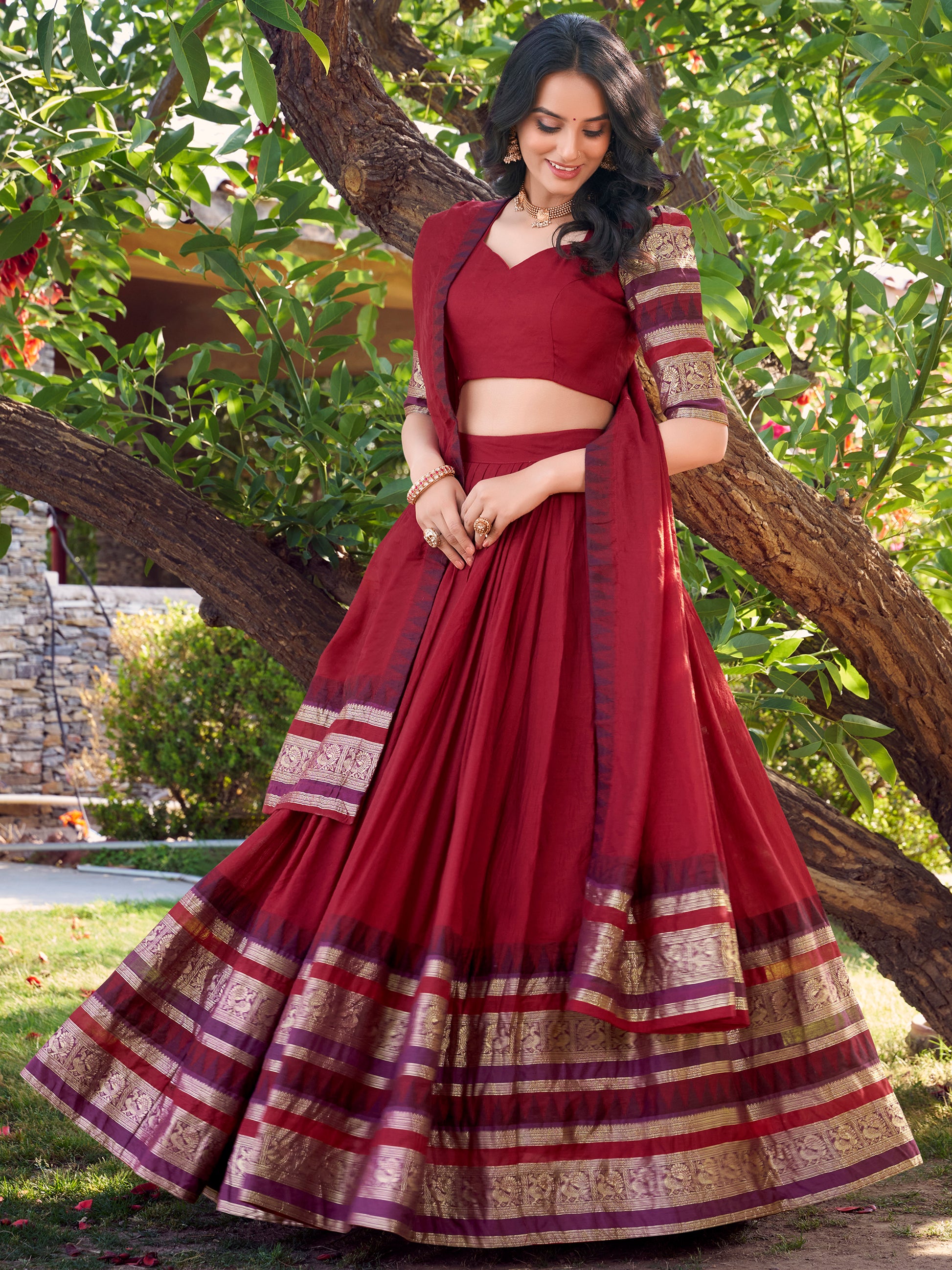 Spectacular Red Zari Weaving Chanderi Lehenga Choli With Dupatta - Zeel Clothing