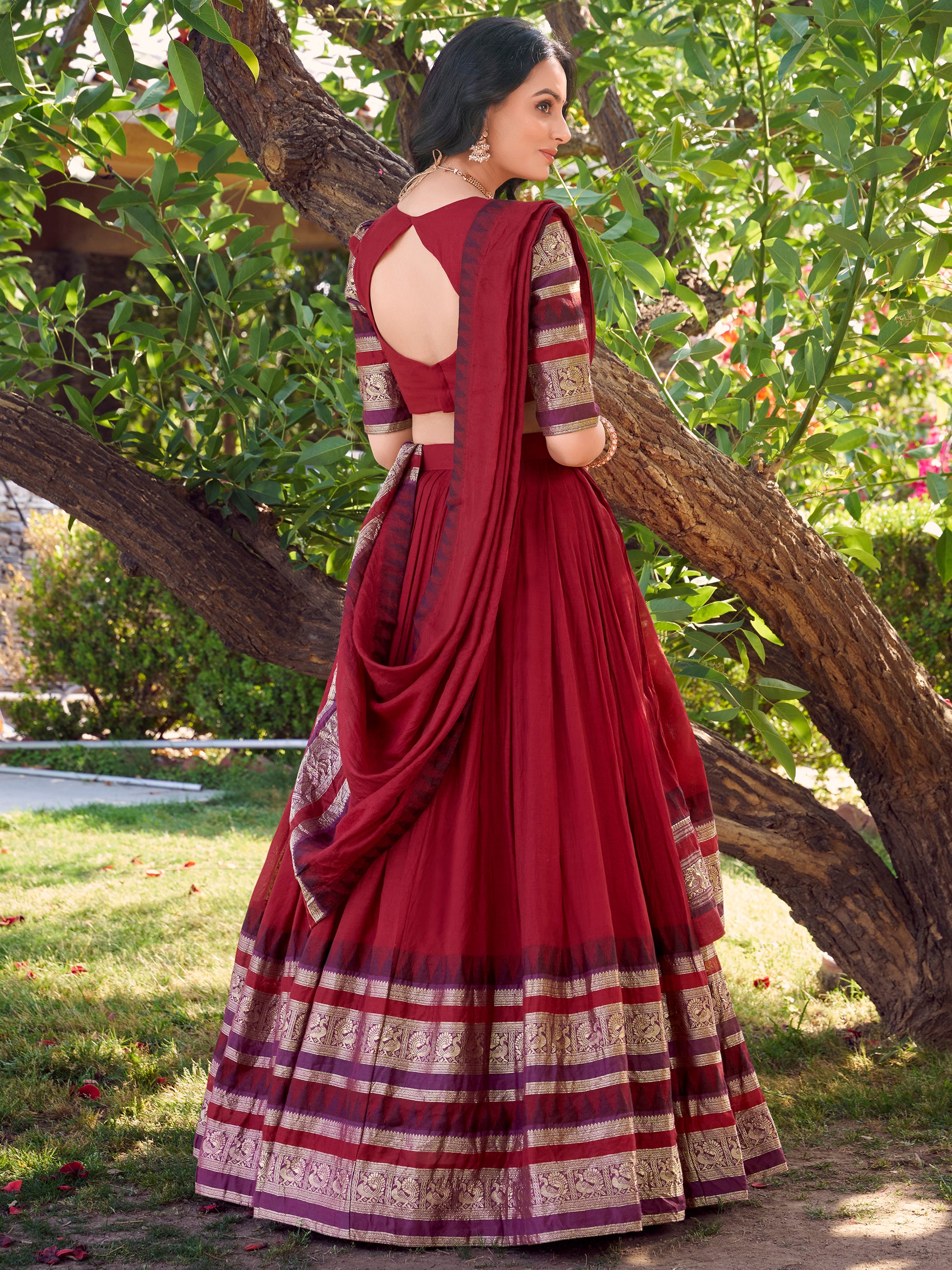 Spectacular Red Zari Weaving Chanderi Lehenga Choli With Dupatta - Zeel Clothing