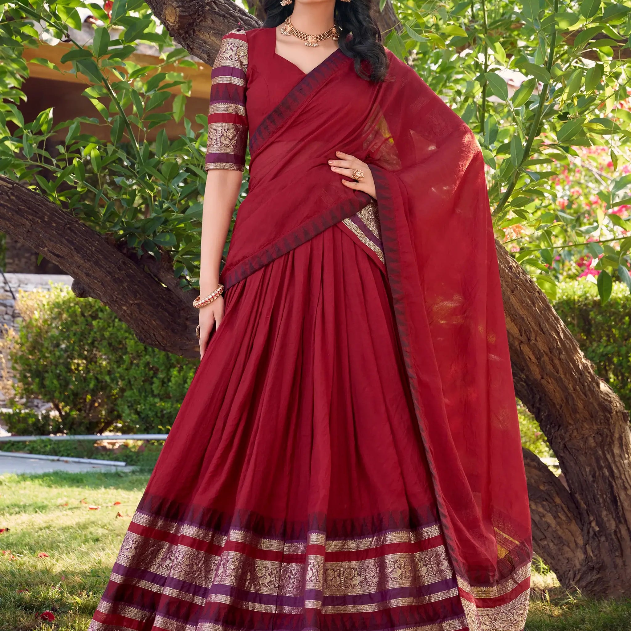Spectacular Red Zari Weaving Chanderi Lehenga Choli With Dupatta - Zeel Clothing