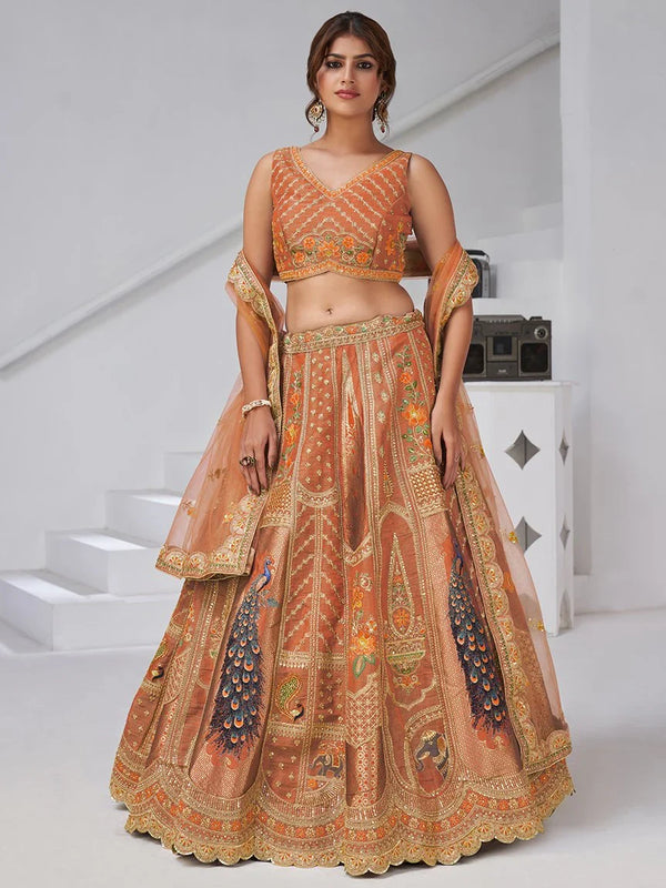 Spectacular Rust Orange Embroidered Banarasi Silk Designer Lehenga Choli With Dupatta