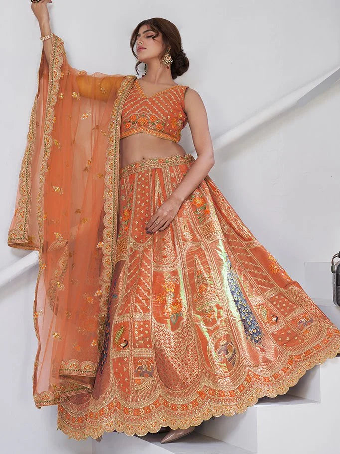 Spectacular Rust Orange Embroidered Banarasi Silk Designer Lehenga Choli With Dupatta