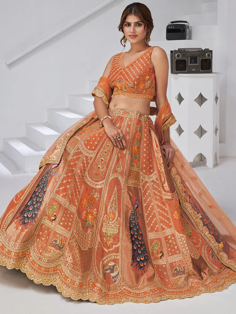 Spectacular Rust Orange Embroidered Banarasi Silk Designer Lehenga Choli With Dupatta