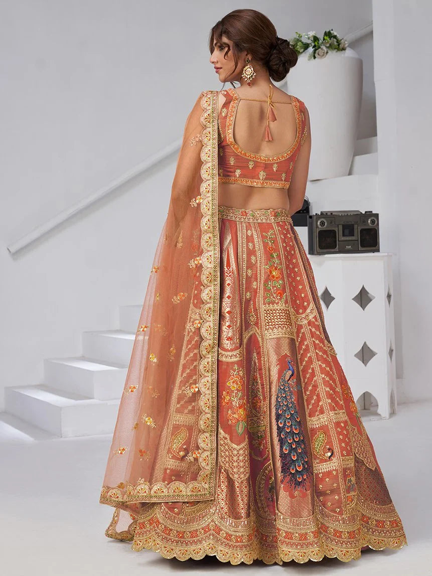 Spectacular Rust Orange Embroidered Banarasi Silk Designer Lehenga Choli With Dupatta