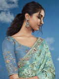 Spectacular Sea Green Lace Work Brasso Engagement Wear Saree - Zeel Clothing