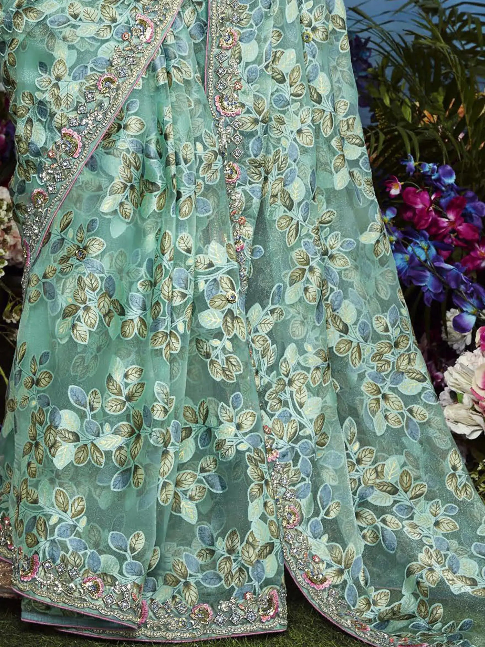 Spectacular Sea Green Lace Work Brasso Engagement Wear Saree - Zeel Clothing