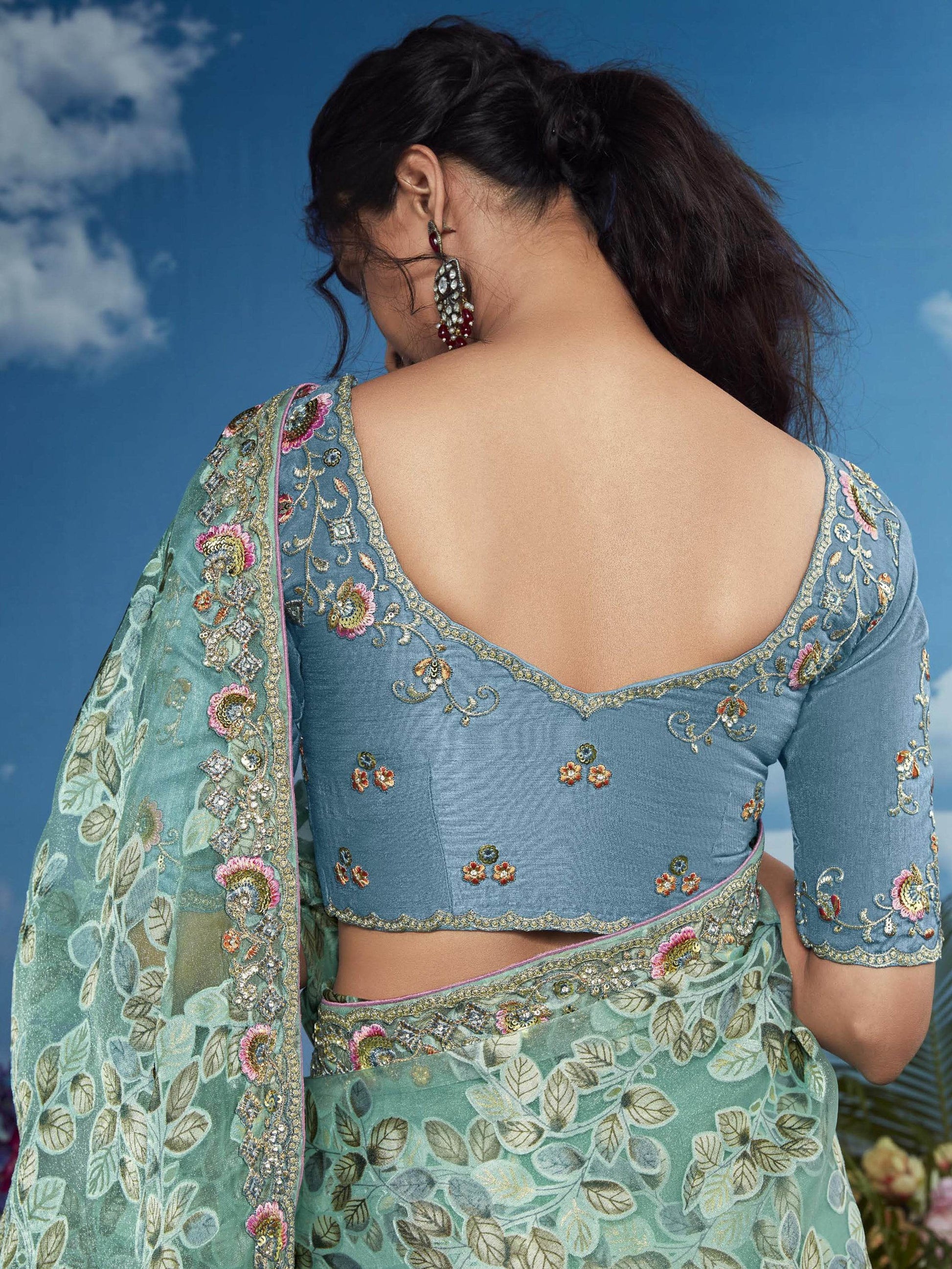 Spectacular Sea Green Lace Work Brasso Engagement Wear Saree - Zeel Clothing