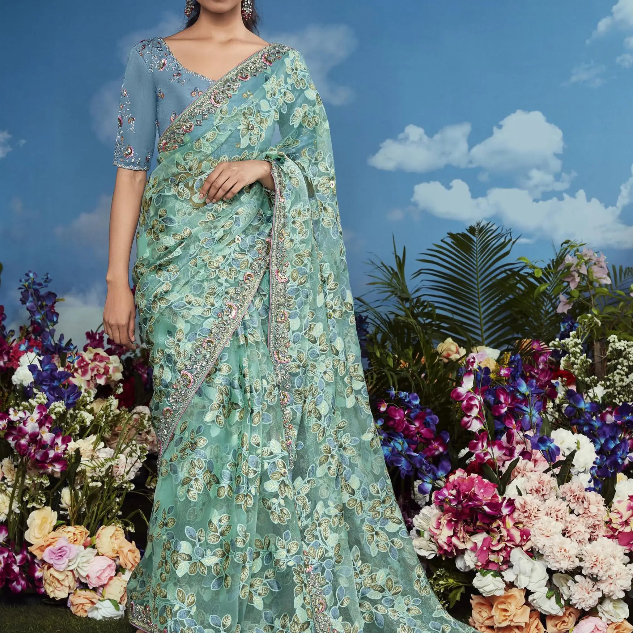 Spectacular Sea Green Lace Work Brasso Engagement Wear Saree - Zeel Clothing