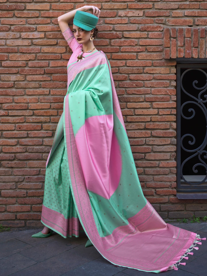 Spectacular Sea Green Zari Weaving Silk Saree With Blouse - Zeel Clothing