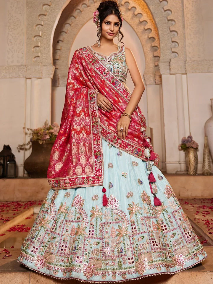 Spectacular Sky Blue Embroidered Tissue Engagement Wear Lehenga Choli With Dupatta - Zeel Clothing