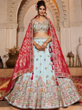 Spectacular Sky Blue Embroidered Tissue Engagement Wear Lehenga Choli With Dupatta - Zeel Clothing