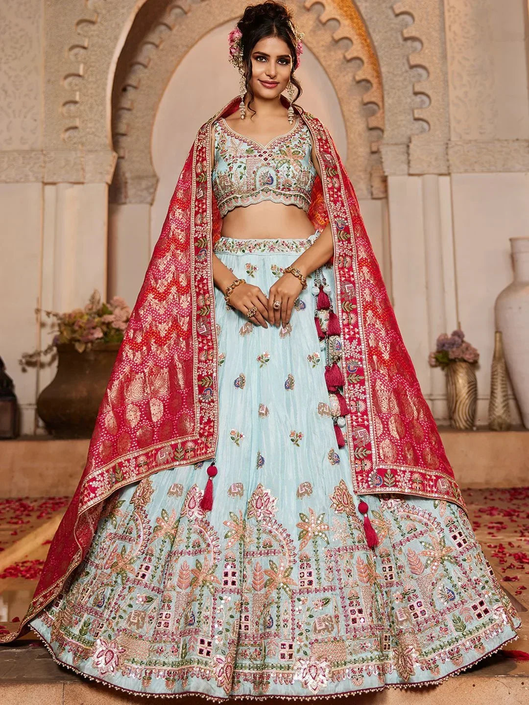 Spectacular Sky Blue Embroidered Tissue Engagement Wear Lehenga Choli With Dupatta - Zeel Clothing