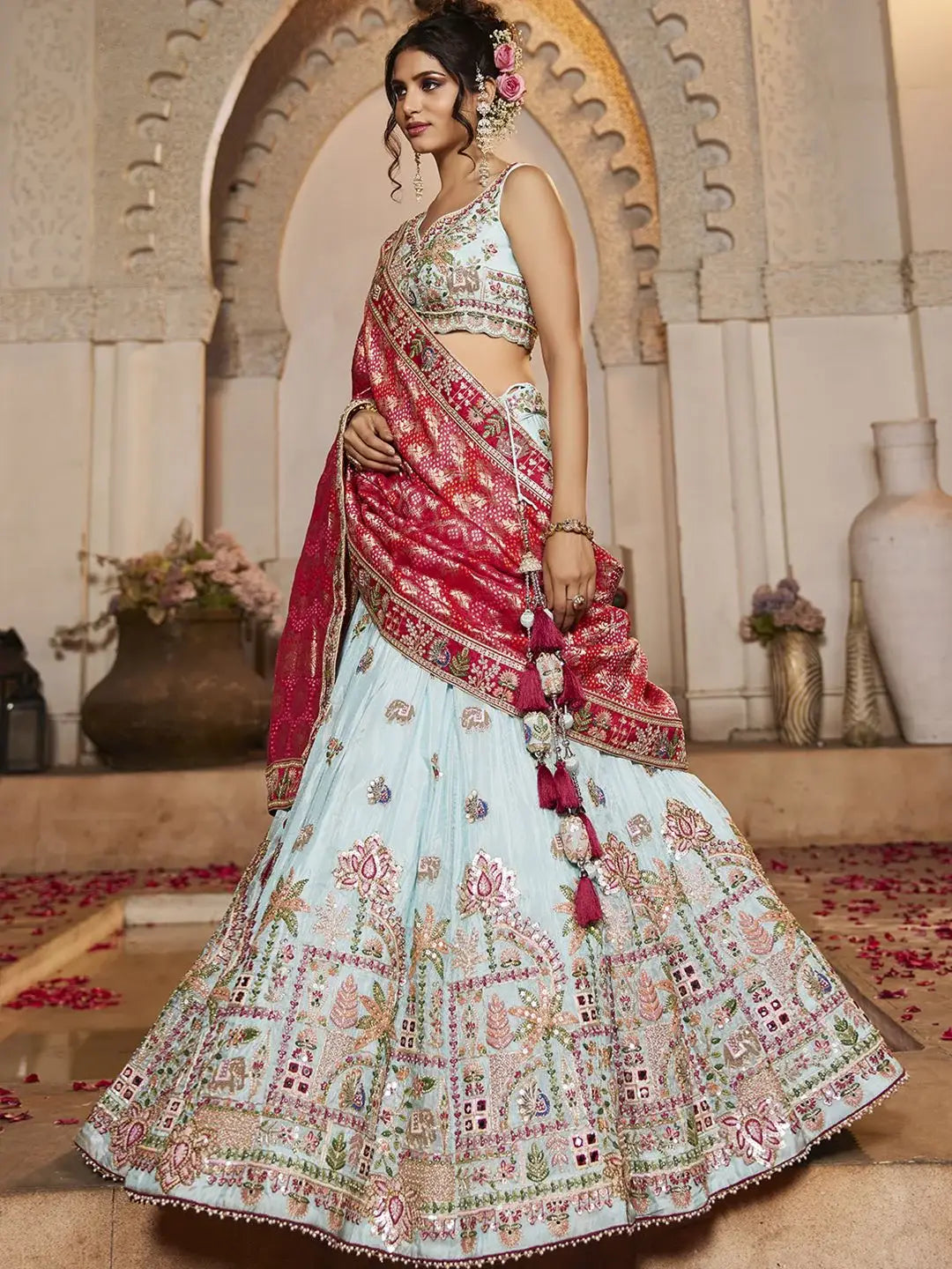 Spectacular Sky Blue Embroidered Tissue Engagement Wear Lehenga Choli With Dupatta - Zeel Clothing