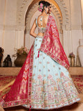 Spectacular Sky Blue Embroidered Tissue Engagement Wear Lehenga Choli With Dupatta - Zeel Clothing