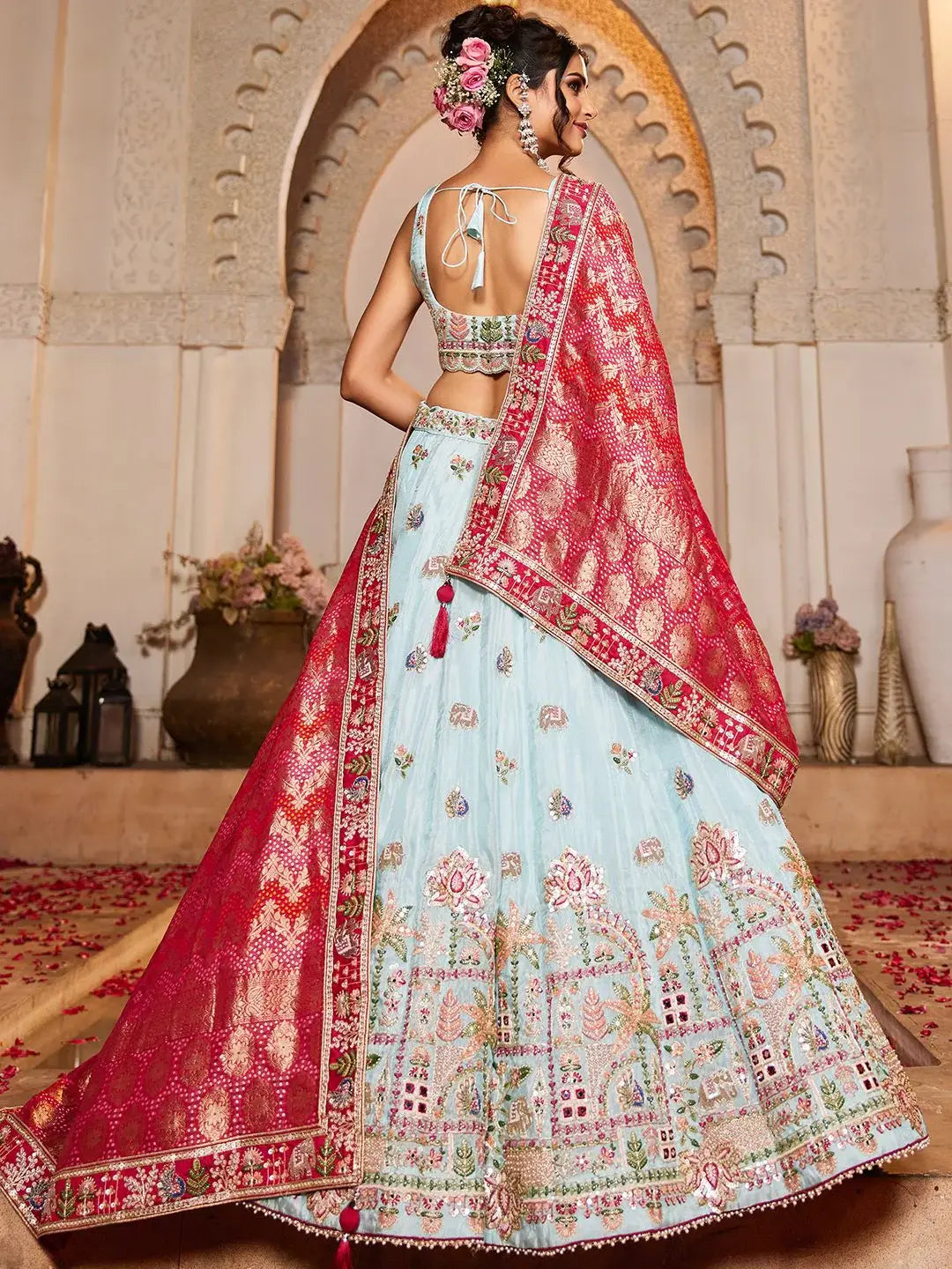 Spectacular Sky Blue Embroidered Tissue Engagement Wear Lehenga Choli With Dupatta - Zeel Clothing