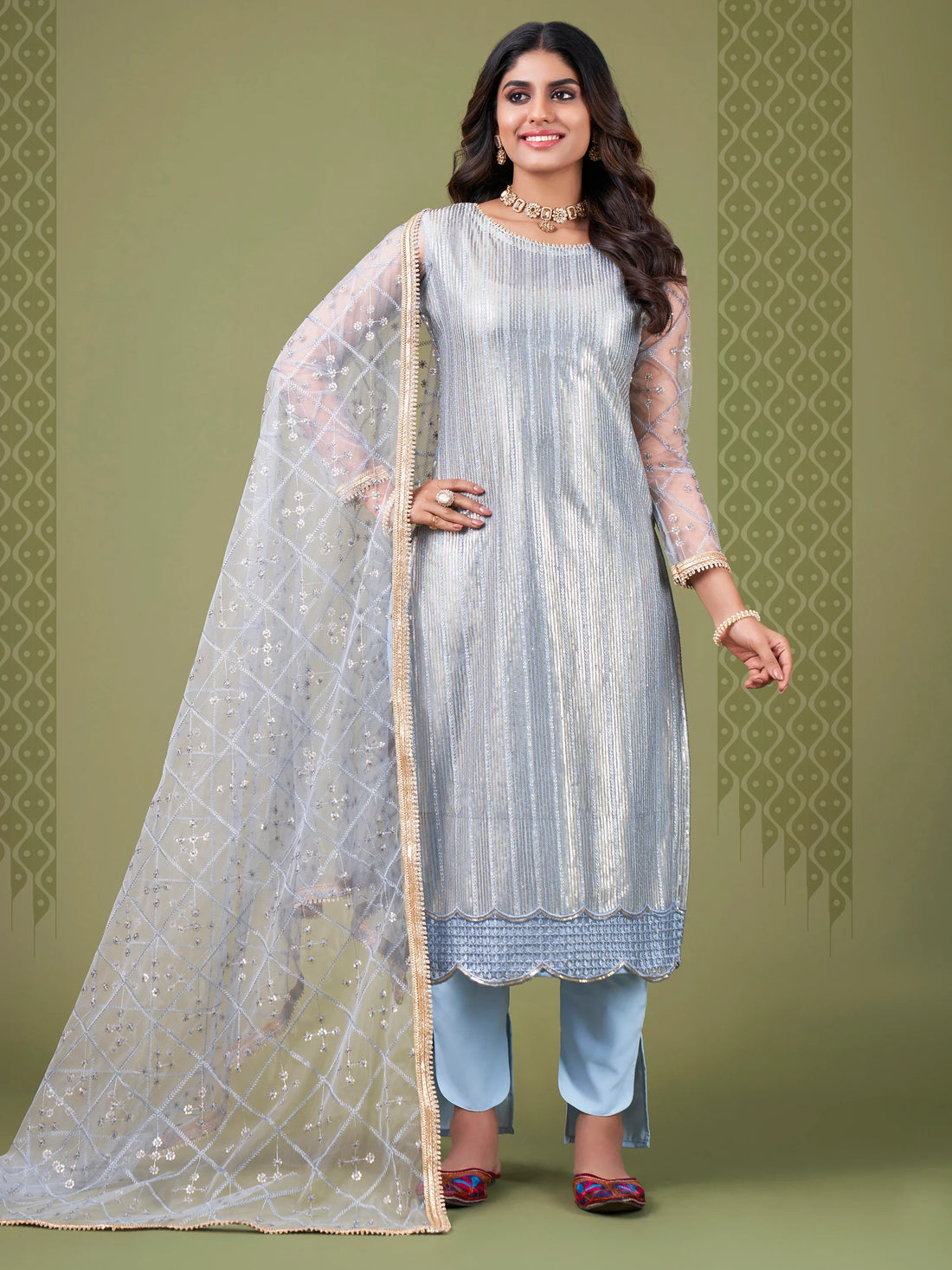 Spectacular Sky Blue Heavy Embroidery Net Salwar Suit With Dupatta - Zeel Clothing