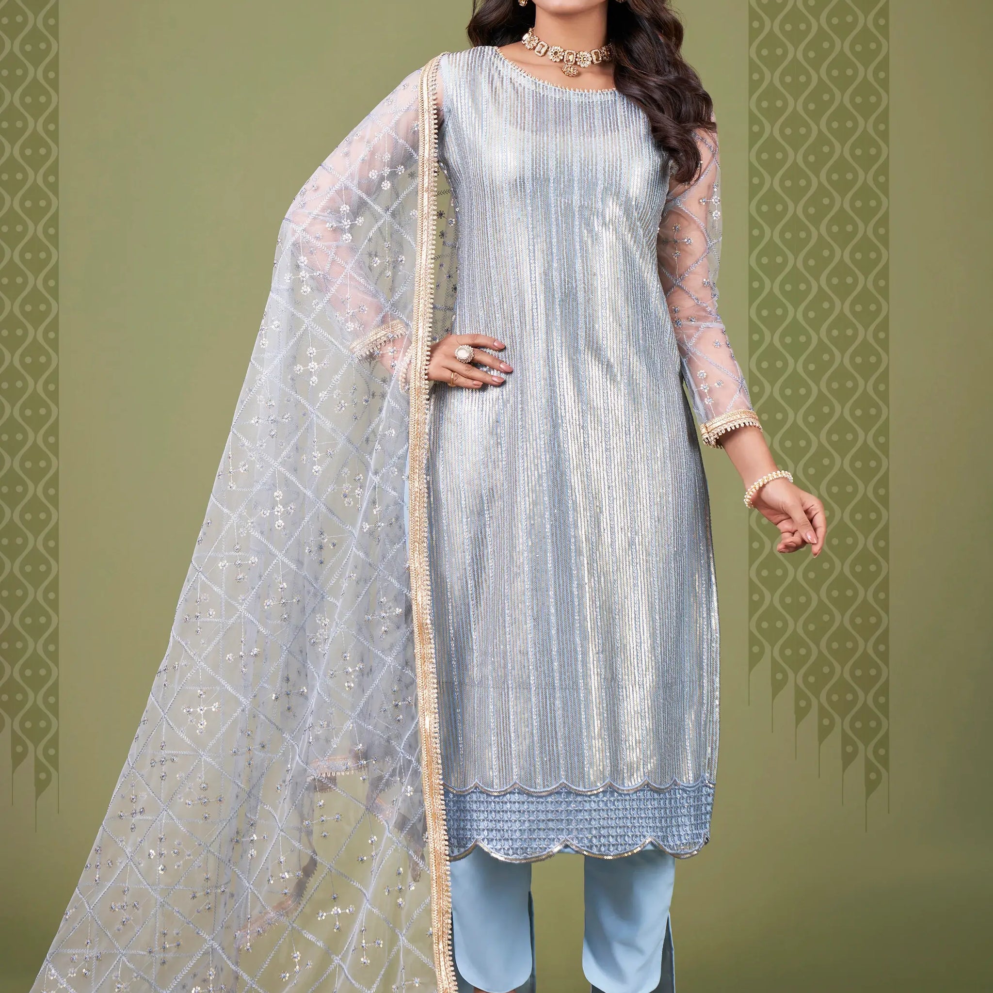 Spectacular Sky Blue Heavy Embroidery Net Salwar Suit With Dupatta - Zeel Clothing