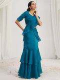 Spectacular Teal Blue Hand Work Organza Silk Ready To Wear Ruffle Saree - Zeel Clothing