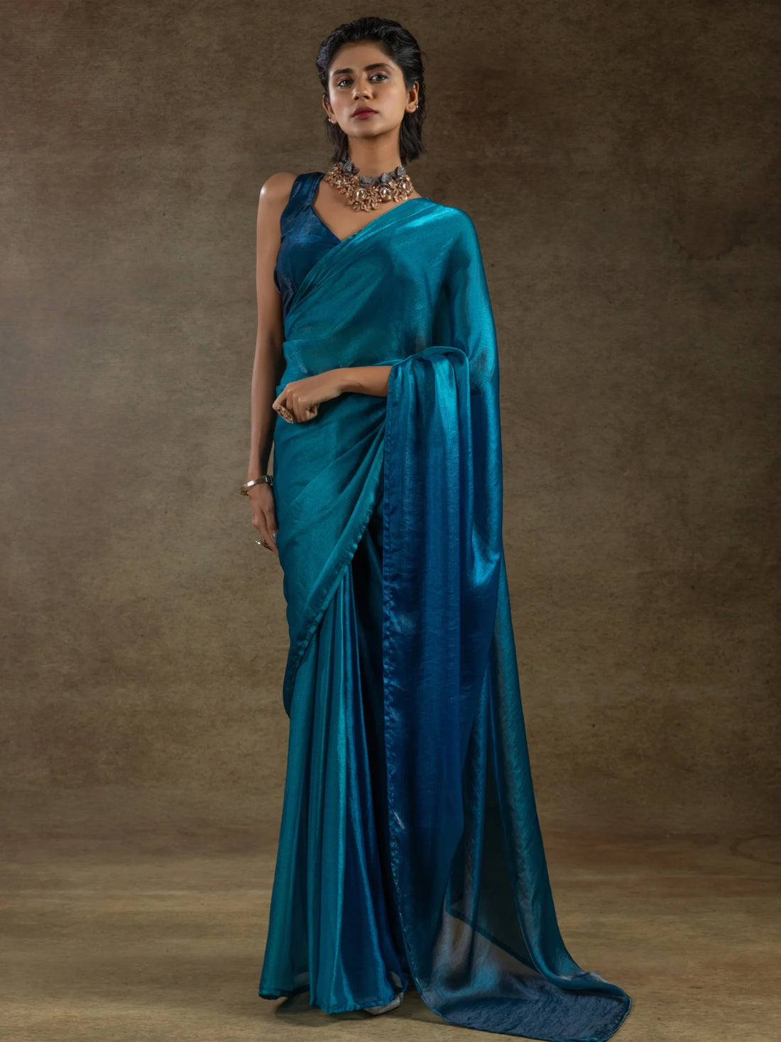 Spectacular Teal Blue Satin Party Wear Pre-Stitched Saree With Blouse