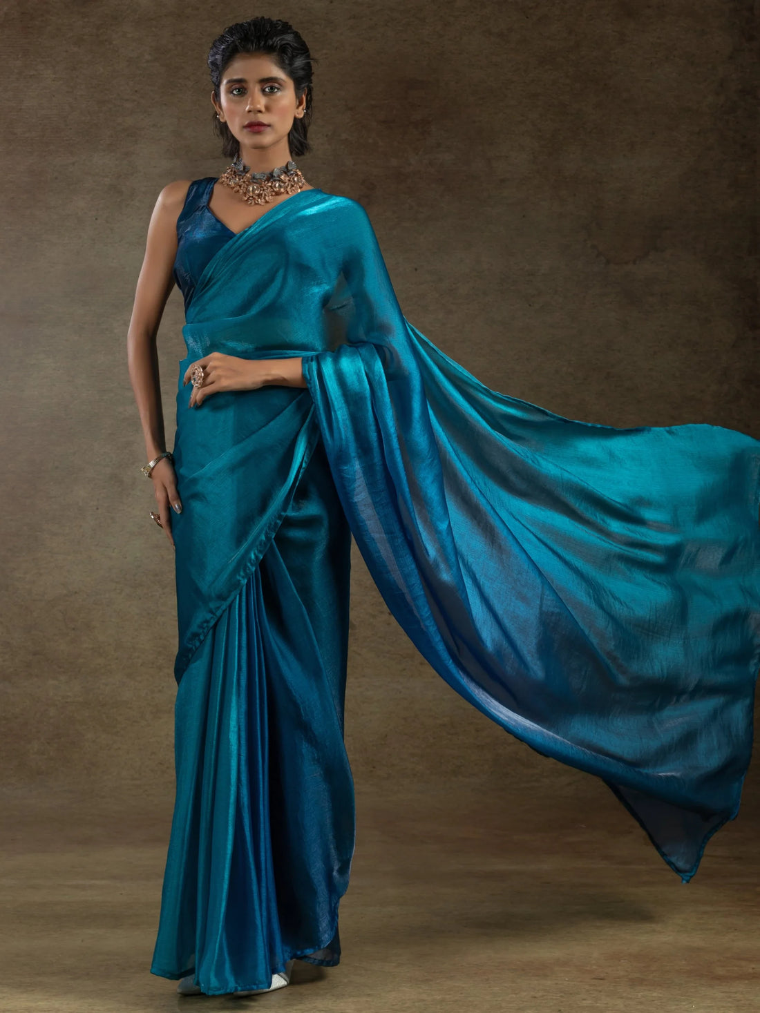 Spectacular Teal Blue Satin Party Wear Pre-Stitched Saree With Blouse