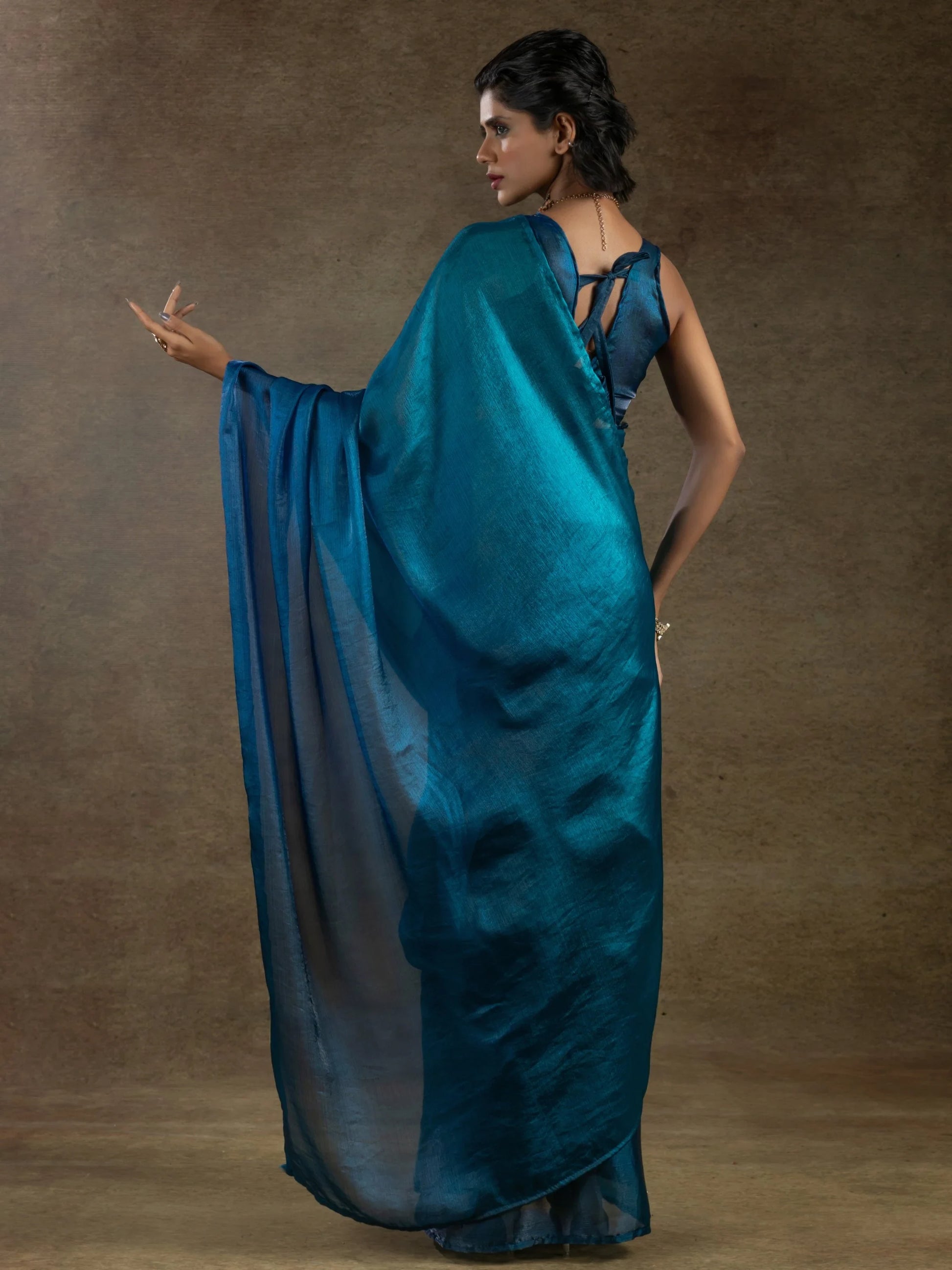 Spectacular Teal Blue Satin Party Wear Pre-Stitched Saree With Blouse
