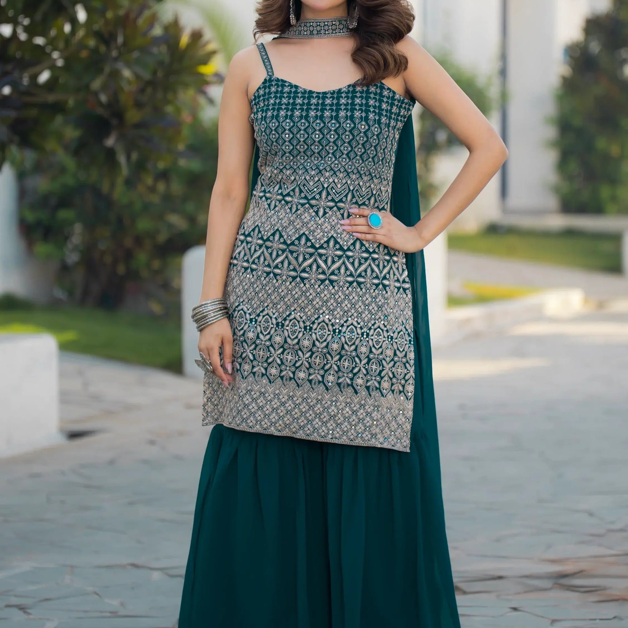 Spectacular Teal Blue Sequins Georgette Festive Wear Sharara Suit With Dupatta - Zeel Clothing