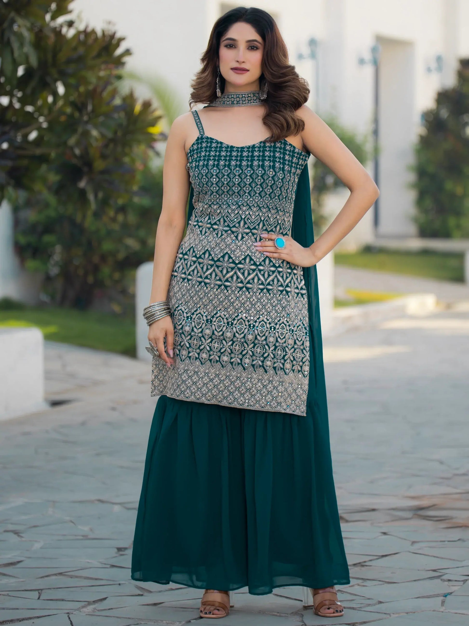 Spectacular Teal Blue Sequins Georgette Festive Wear Sharara Suit With Dupatta - Zeel Clothing