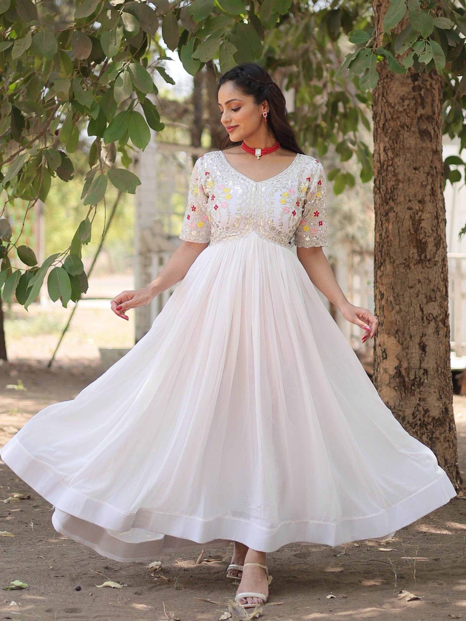 Spectacular White Thread Embroidered Georgette Traditional Gown - Zeel Clothing