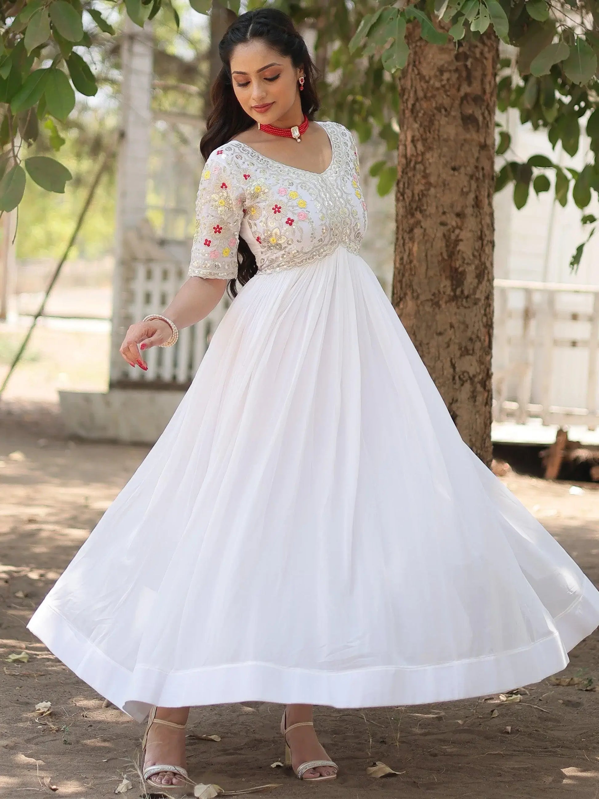 Spectacular White Thread Embroidered Georgette Traditional Gown - Zeel Clothing