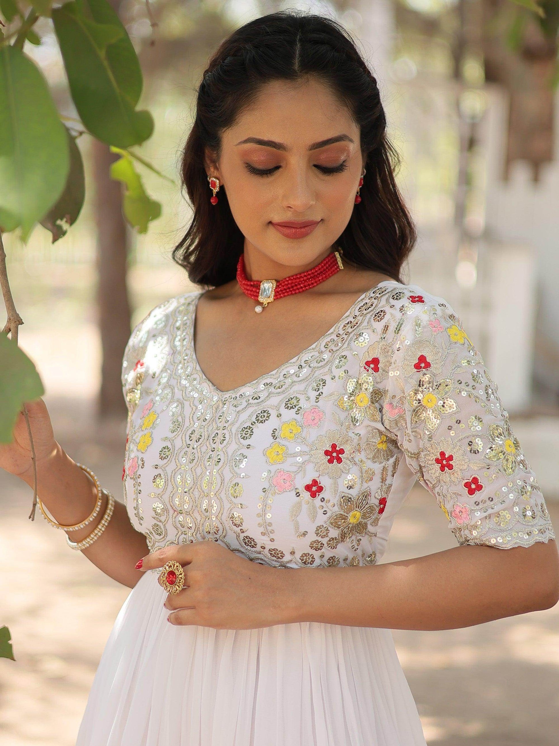 Spectacular White Thread Embroidered Georgette Traditional Gown - Zeel Clothing