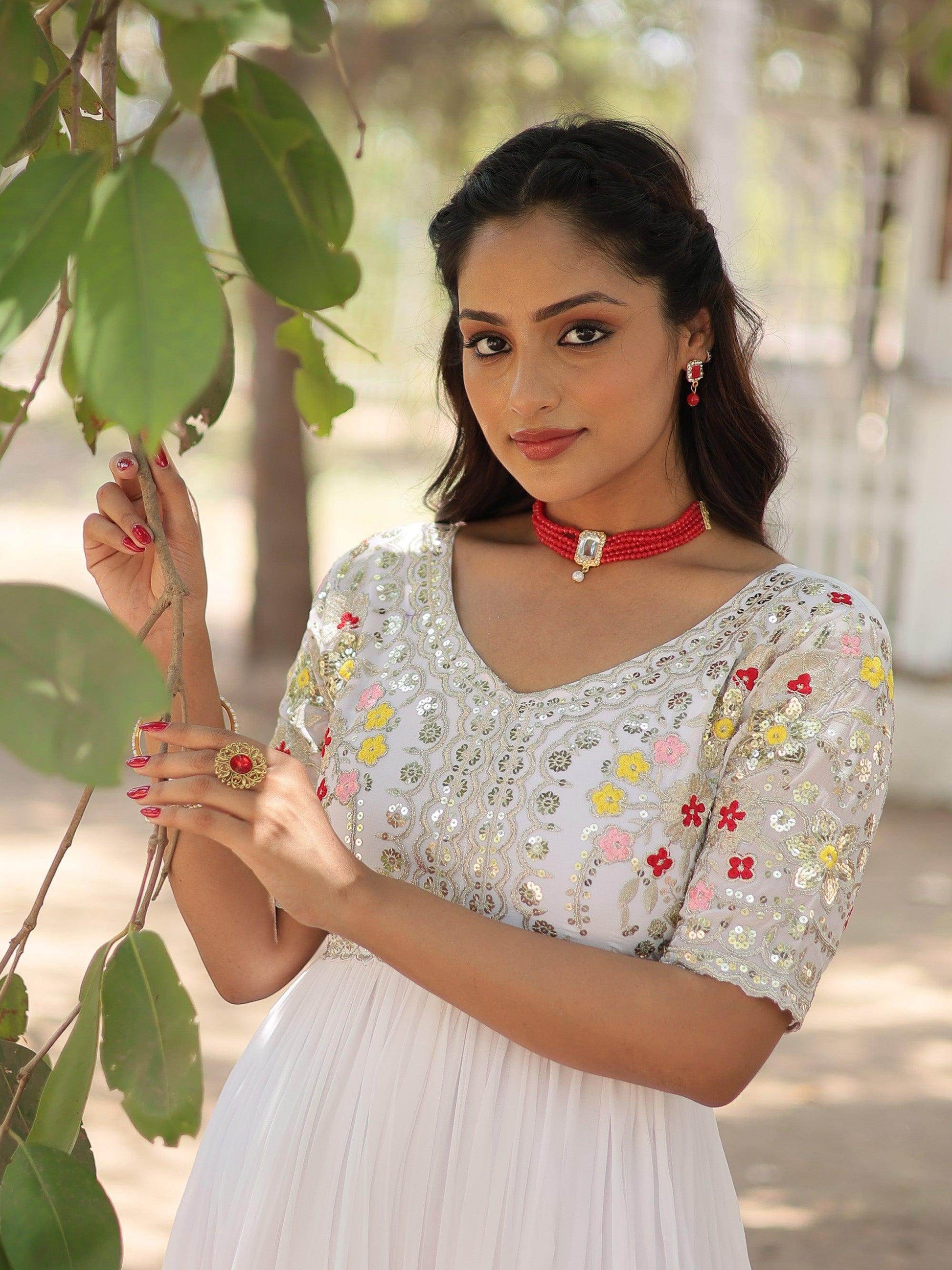 Spectacular White Thread Embroidered Georgette Traditional Gown - Zeel Clothing