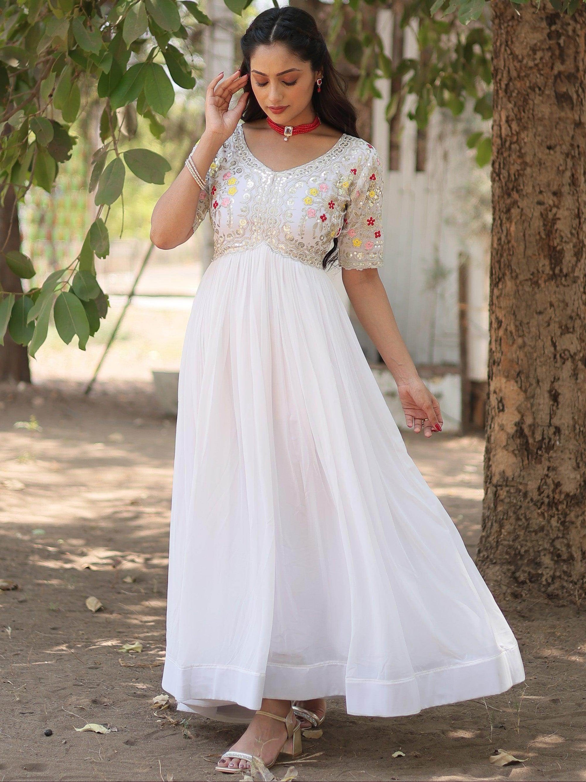 Spectacular White Thread Embroidered Georgette Traditional Gown - Zeel Clothing