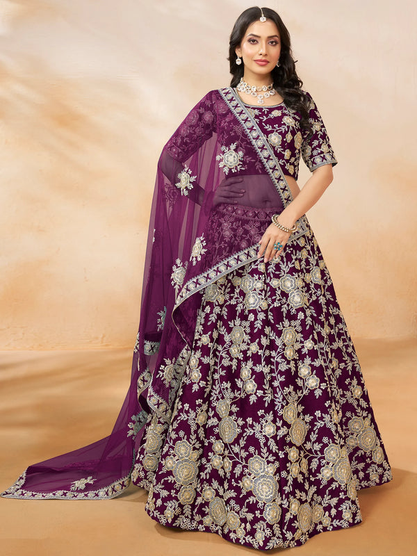 Spectacular Wine Embroidered Silk Wedding Wear Lehenga Choli - Zeel Clothing