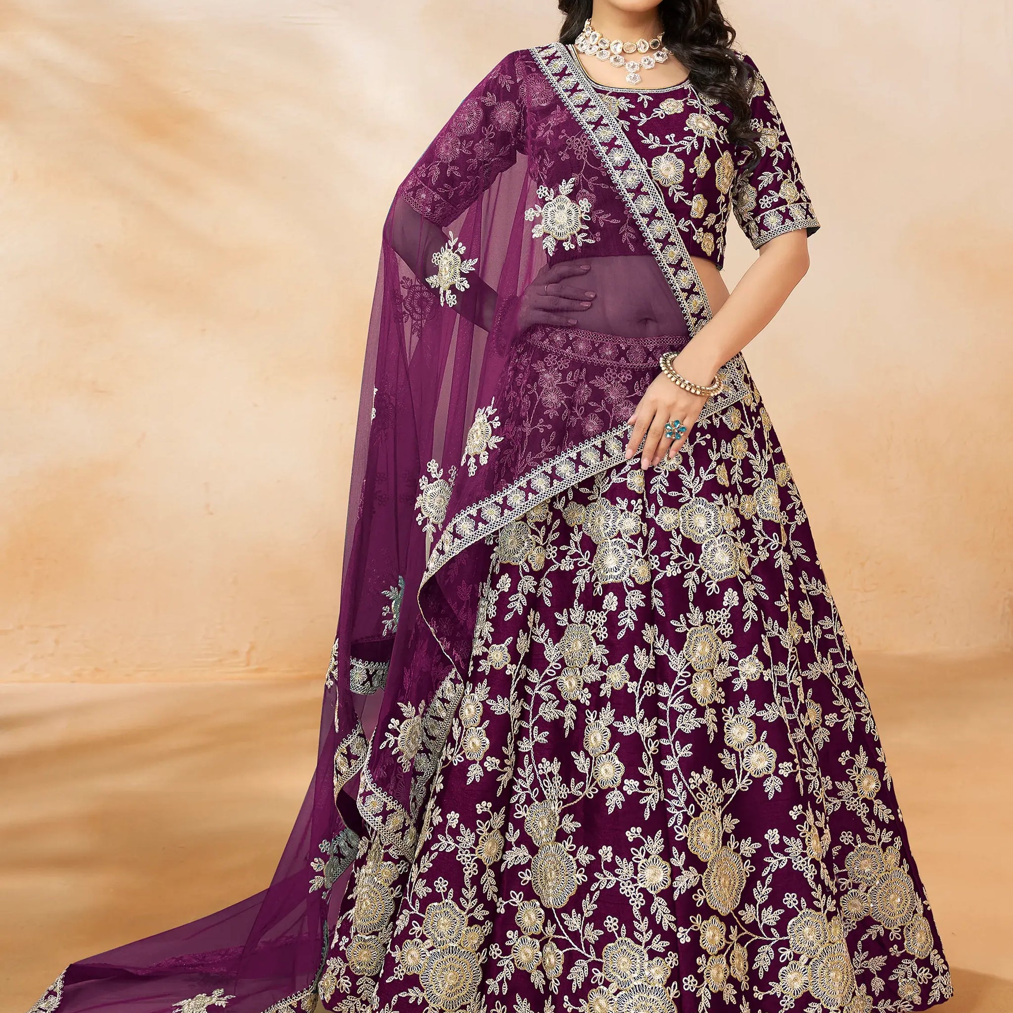 Spectacular Wine Embroidered Silk Wedding Wear Lehenga Choli - Zeel Clothing