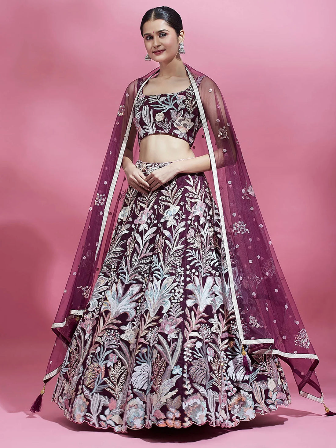 Spectacular Wine Sequins Net Engagement Wear Lehenga Choli - Zeel Clothing