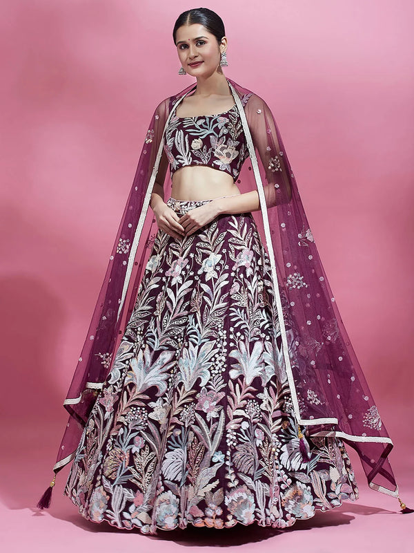 Spectacular Wine Sequins Net Engagement Wear Lehenga Choli - Zeel Clothing