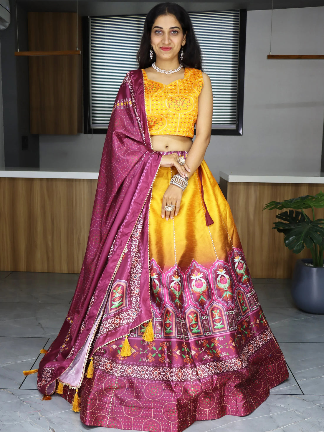 Spectacular Yellow Digital Printed Art Silk Haldi Wear Lehenga Choli - Zeel Clothing