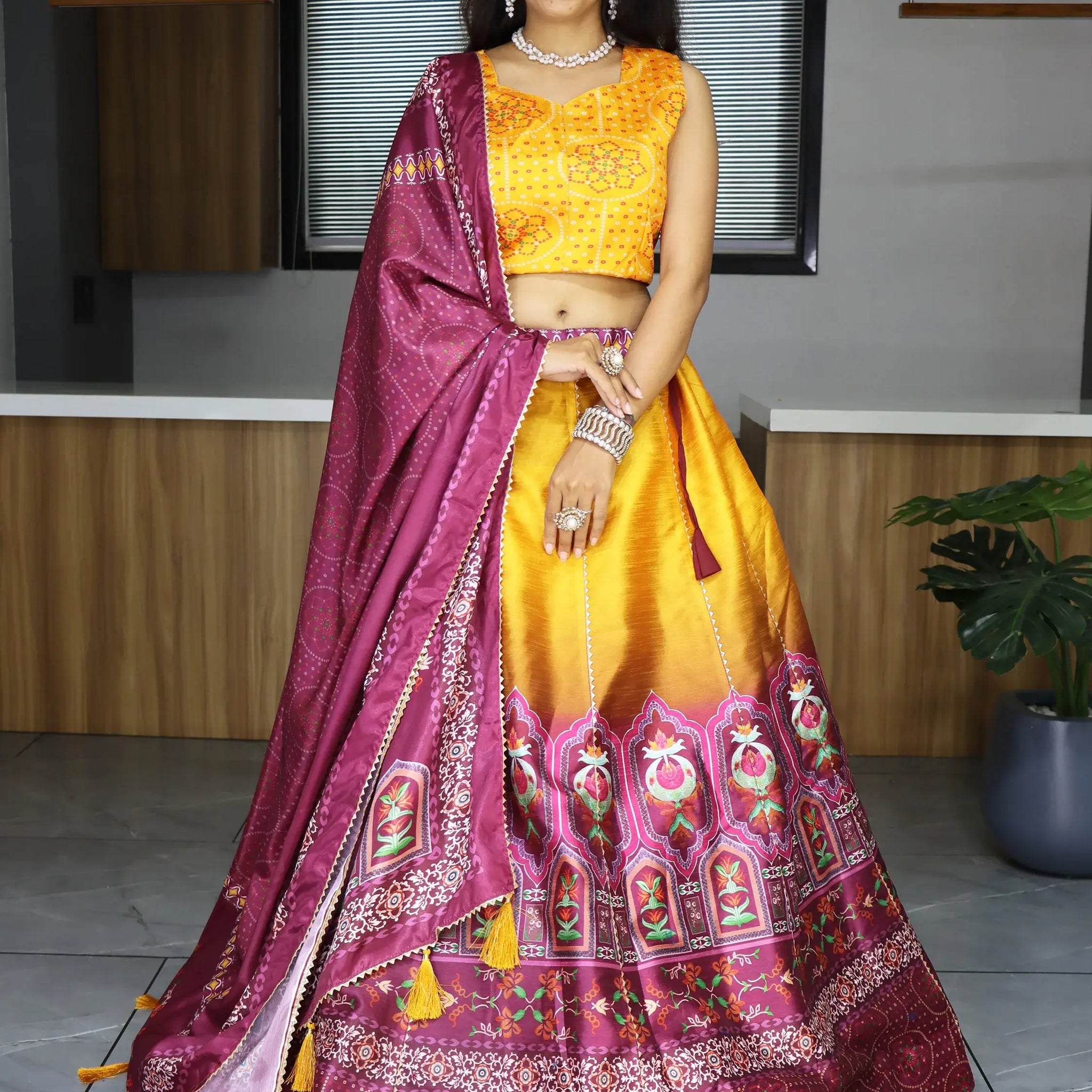 Spectacular Yellow Digital Printed Art Silk Haldi Wear Lehenga Choli - Zeel Clothing