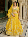 Spectacular Yellow Mirror Embroidery Crush Silk Haldi Wear Lehenga Choli
