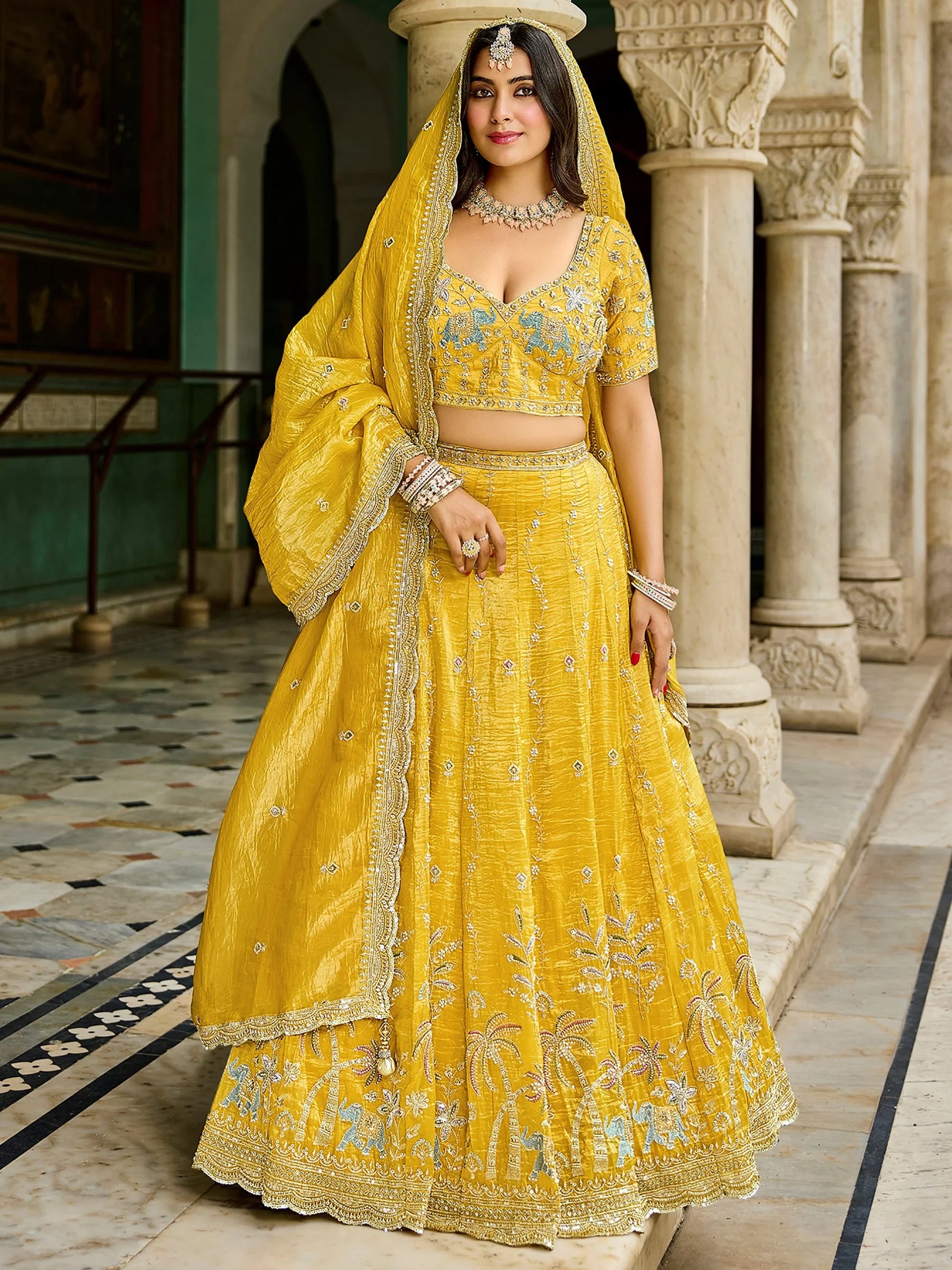 Spectacular Yellow Mirror Embroidery Crush Silk Haldi Wear Lehenga Choli