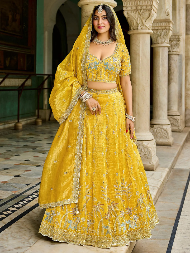 Spectacular Yellow Mirror Embroidery Crush Silk Haldi Wear Lehenga Choli