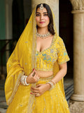 Spectacular Yellow Mirror Embroidery Crush Silk Haldi Wear Lehenga Choli