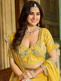 Spectacular Yellow Mirror Embroidery Crush Silk Haldi Wear Lehenga Choli
