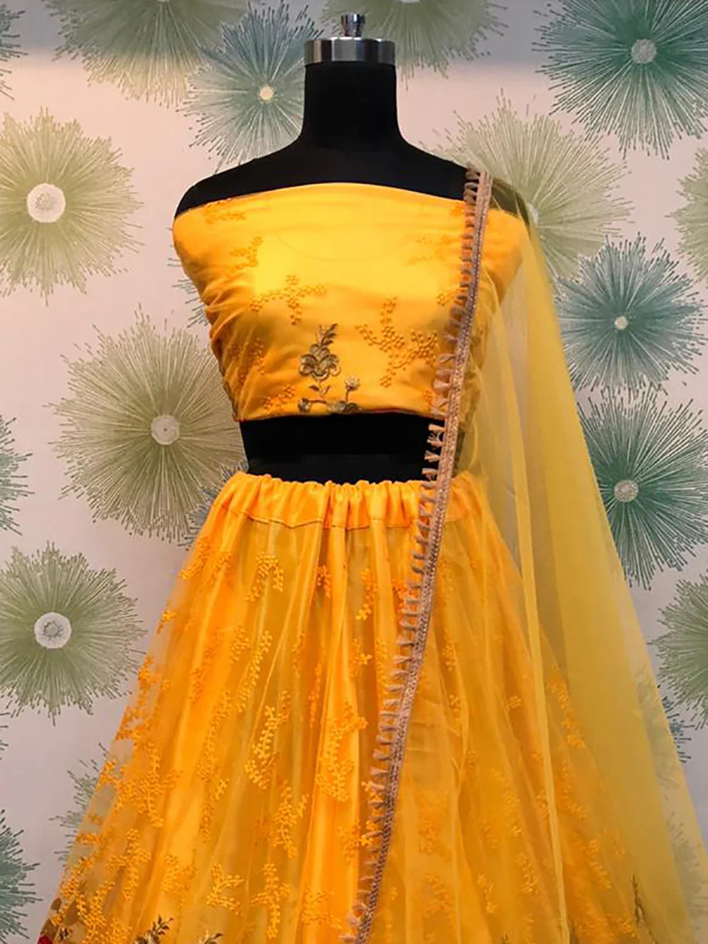 Spectacular Yellow Thread Work Net Lehenga Choli With Dupatta - Zeel Clothing