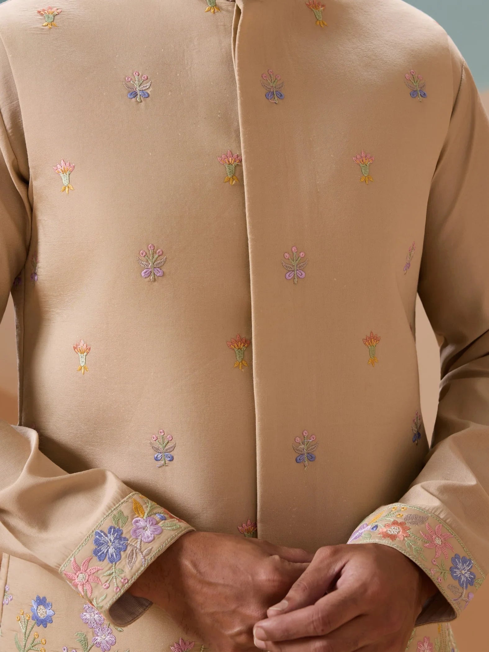 Splendid Beige Floral Work Viscose Silk Festive Wear Men Kurta Set With Jacket