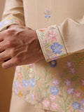 Splendid Beige Floral Work Viscose Silk Festive Wear Men Kurta Set With Jacket