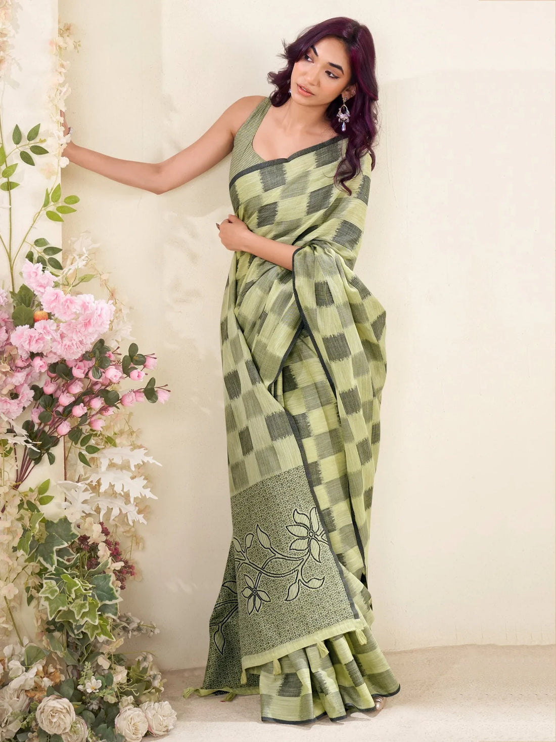 Splendid Green Digital Printed Linen Daily Wear Saree With Blouse