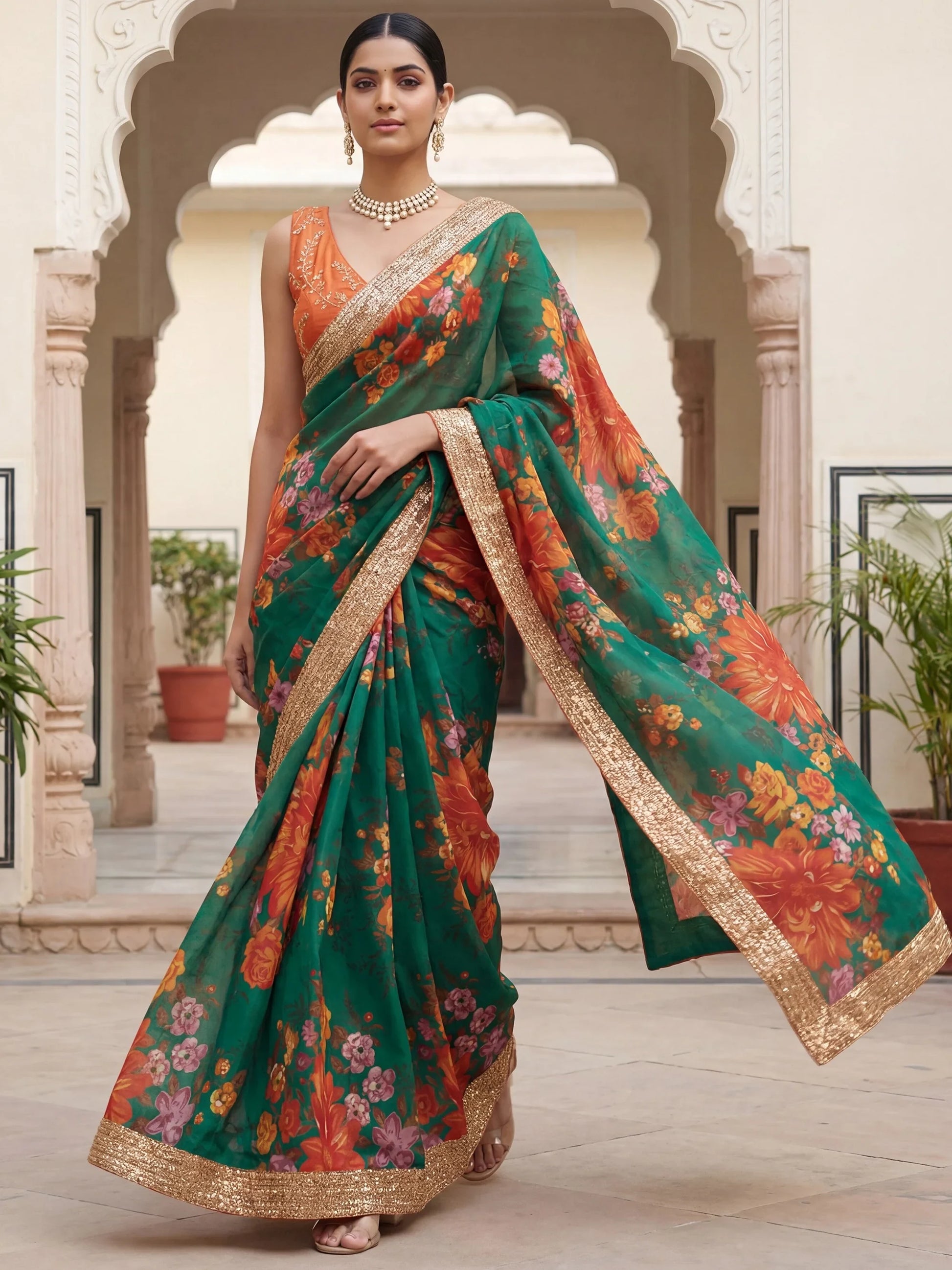 Splendid Green Floral Printed Organza Mehendi Wear Saree With Blouse