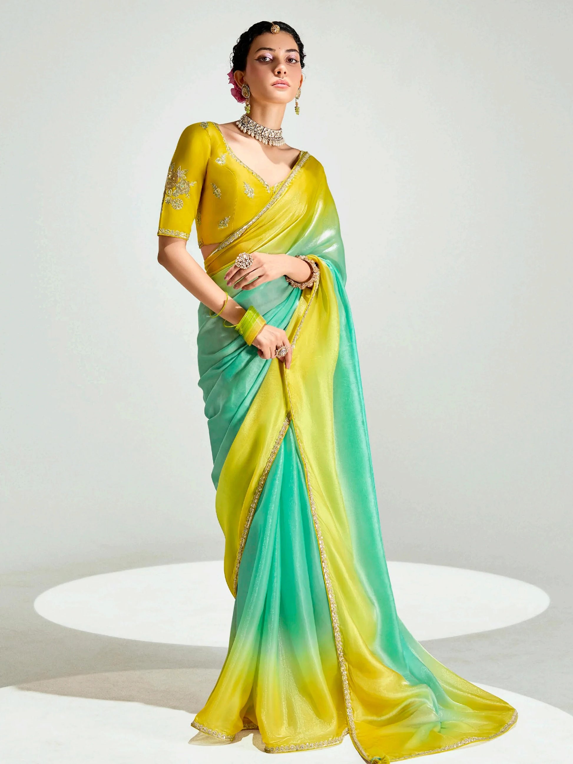Splendid Green Sequins Border Work Organza Mehendi Wear Saree - Zeel Clothing